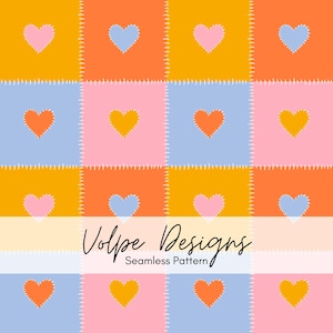 May include: A vibrant seamless pattern with a grid of squares in orange, pink, and blue, each containing a heart in a contrasting colour. The design includes the text "Volpe Designs Seamless Pattern".