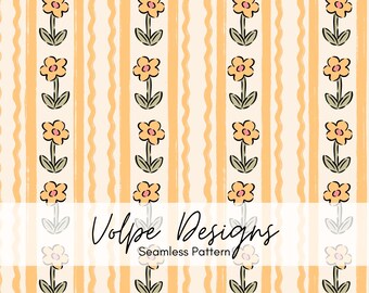 Botergeel naadloos bloemmotief, vintage bloemenstreep herhalen, retro lente bloemen, handgetekende bloemen voor babykamer, digitale papieren