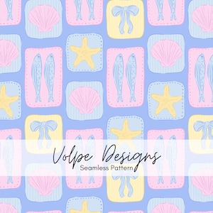 May include: A repeating pattern with marine motifs including seashells, starfish, fish, and bows. The design uses pastel shades of pink, yellow, and blue on a light blue backdrop. The text "Volpe Designs" and "Seamless Pattern" are also present.