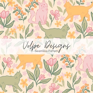 Floral Cat Seamless Pattern, Pastel animal repeat, Cat lovers, animal print for nursery, Hand drawn digital art, spring and summer garden