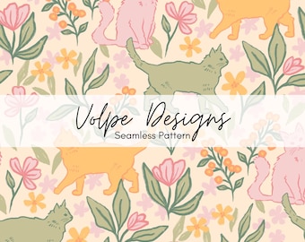 Naadloos bloemenpatroon kat, pastelkleurige dierenherhaling, kattenliefhebbers, dierenprint voor kinderkamer, handgetekende digitale kunst, lente- en zomertuin