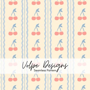 May include: Seamless pattern featuring rows of pink cherries with blue stems and leaves, alternating with wavy blue vertical stripes on a cream background. The text "Volpe Designs" and "Seamless Pattern" are displayed.