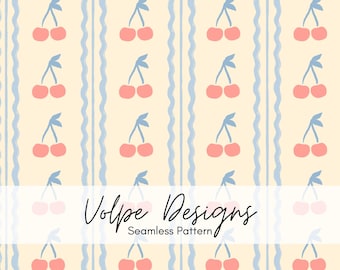 Schattig naadloos kersenpatroon, vintage zomerkersen en strepen, handgetekende rood-wit-blauwe naadloze png digitaal papier voor commercieel gebruik