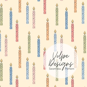 May include: A seamless pattern of birthday candles in various colours, including blue, pink, green, and orange, with lit flames. The candles are set against a light beige background. The design includes the text "Volpe Designs Seamless Pattern".