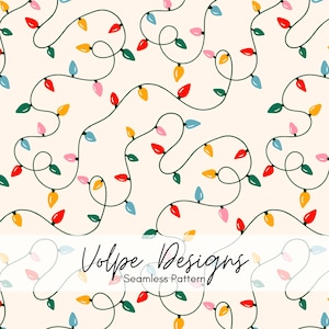 May include: A seamless pattern featuring a repeating illustration of tangled dark green wire strings with colorful light bulbs in red, yellow, pink, and blue against a cream background. The text Volpe Designs Seamless Pattern is centered.