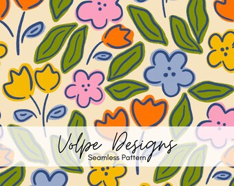 Handgetekende naadloze bloemmotief, jaren 90 naadloos patroon, retro jaren 70, jaren 70 bloemen, retro bloemen, bloemenkrabbels, grillige bloemen