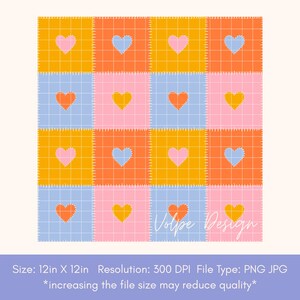 K&ouml;nnte beinhalten: Ein quadratisches, farbenfrohes Design mit einem Raster aus sechzehn Quadraten. Jedes Quadrat hat einen unterschiedlich farbigen Hintergrund, darunter Gelb, Orange, Rosa und Blau. In jedem Quadrat befindet sich ein Herz. Das Design misst 30.48 cm x 30.48 cm.