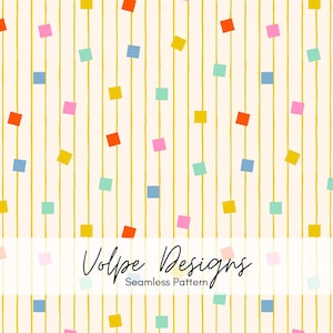Puede incluir: Un patrón sin costuras con líneas verticales amarillas sobre un fondo crema, intercaladas con pequeños cuadrados dispersos en tonos vibrantes de naranja, rosa, azul, amarillo y verde azulado. El texto Volpe Designs Seamless Pattern está centrado.