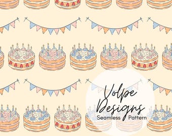 Naadloos patroon verjaardagstaart, vintage ontwerp verjaardagsfeestje, schattige handgetekende pastel retro feestherhaling voor commercieel gebruik, digitaal papier