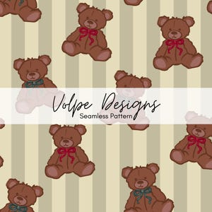 Teddy Bear Seamless Pattern, Vintage Nursery Wallpaper, Baby Repeat, Neutral Stripes, Repeating Pattern Commercial Use, Bears with Bow Ties