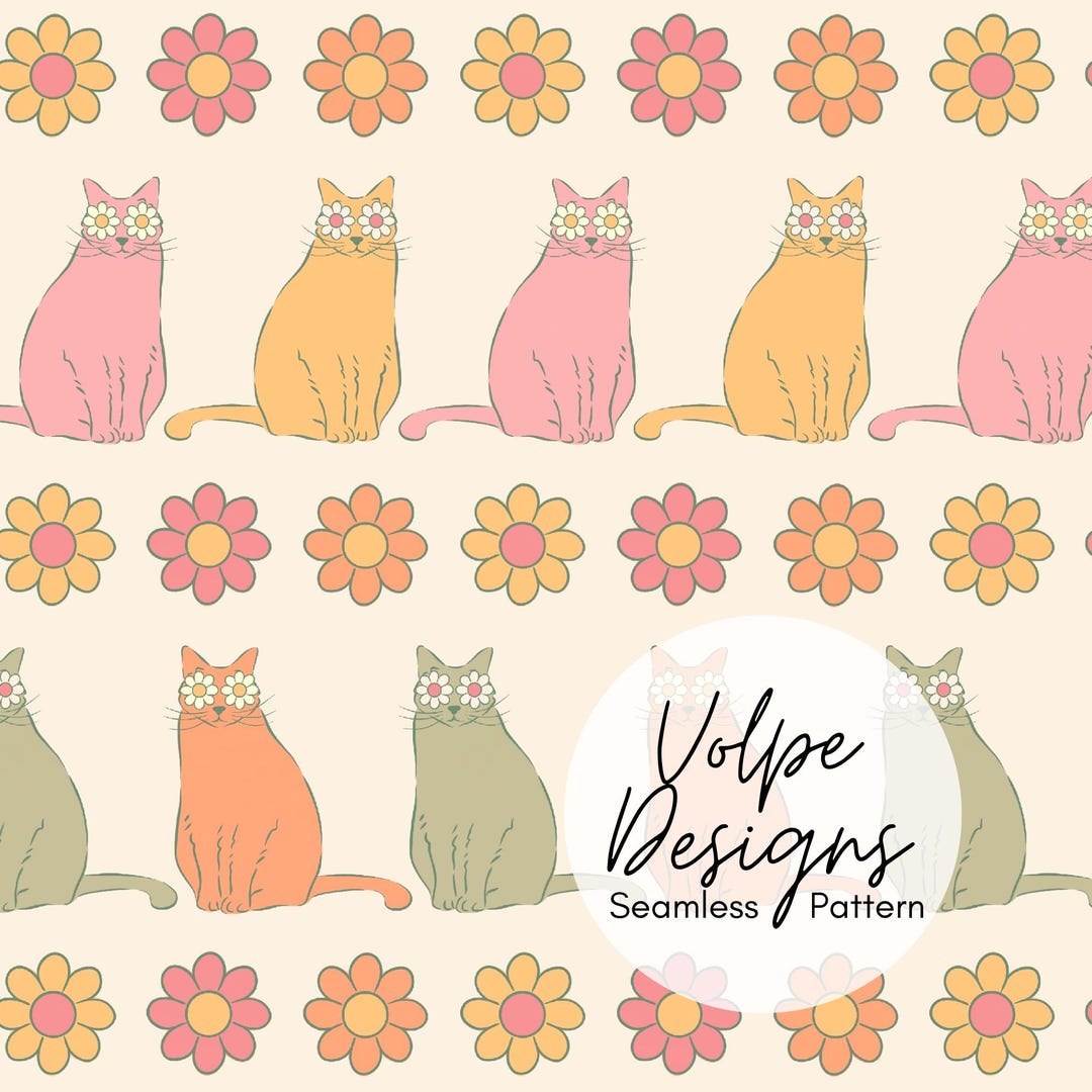 Floral Cat Seamless Pattern, Cat Lovers Repeat, Quirky Cats 70s Flowers ...