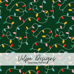 May include: A seamless pattern featuring a dark green background with white tangled wires and colorful light bulbs in red, yellow, pink, and light blue. A semi-transparent white banner displays the text Volpe Designs Seamless Pattern.