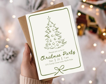 May include: A Christmas party invitation with a hand-drawn Christmas tree illustration in green. The invitation includes the text "Christmas Party" with the date, time, and location: 275 Candy Cane Lane, North Pole.