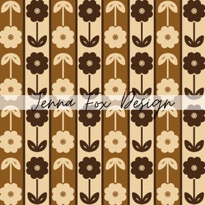 Puede incluir: Patrón repetitivo de flores estilizadas en tonos marrón y crema. Las flores están dispuestas en filas verticales con colores alternos, creando un diseño floral retro. El texto "Jenna Fox Design" está en la imagen.