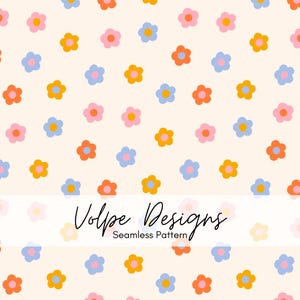 Może przedstawiać: Bezszwowy wzór z małymi, stylizowanymi kwiatami w odcieniach pomarańczu, żółci, różu i błękitu na kremowym tle. Tekst "Volpe Designs" i "Seamless Pattern" jest wyświetlany pośrodku.