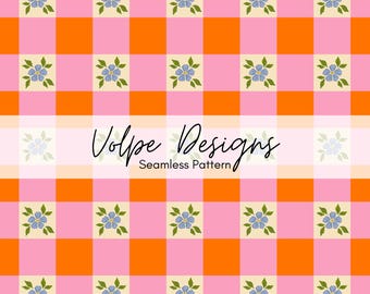 Floral Gingham Seamless Pattern File, Summer Coquette Picnic, Pink Summer Plaid, Cottage Core Spring Repeat Pattern, Cutesy Gingham Pattern