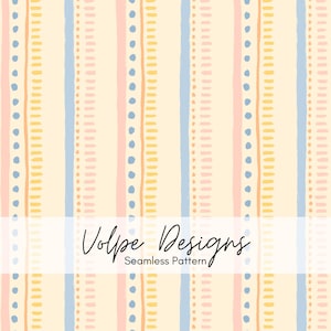 May include: Seamless pattern design featuring vertical stripes in pastel colors. The stripes include light blue, pink, yellow, and orange, with dotted and dashed details. The text "Volpe Designs Seamless Pattern" is displayed in a white rectangle.