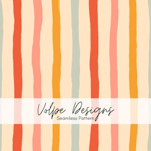May include: A seamless pattern featuring vertical brushstrokes in orange, pink, yellow, and green on a cream background. The text "Volpe Designs" and "Seamless Pattern" are displayed in a white rectangle.