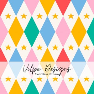 May include: Seamless pattern featuring colorful diamond shapes in red, yellow, teal, pink, and blue, with gold stars. The pattern includes the text "Volpe Designs" and "Seamless Pattern" in a script font.