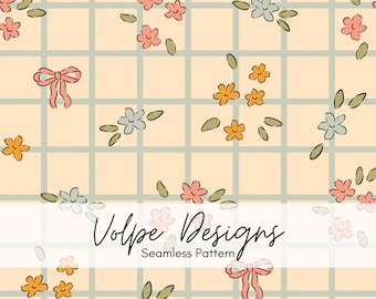 Naadloos gingangbloempatroon, strik met strik bloemen, wilde zomerbloemen, herhaling geruite ruit, vintage cottagecore, retro bloemenraster