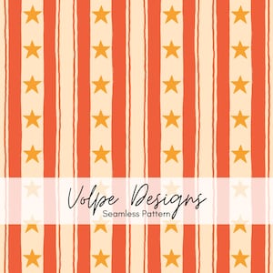 May include: Seamless pattern featuring vertical red stripes and cream-colored stripes with gold stars. The text "Volpe Designs Seamless Pattern" is displayed across the center of the image.