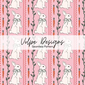 May include: A seamless pattern featuring white rabbits with blue bows, orange carrots, and green vines on a pink background. The text "Volpe Designs Seamless Pattern" is displayed across the image.
