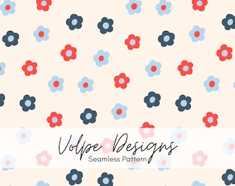 Naadloos rood, wit en blauw bloemmotief, schattige handgetekende bloemenherhaling, 4 juli, patriottische zomer png commercieel gebruik, digitaal papier