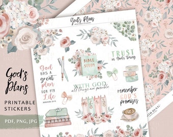 Christian Printable Stickers | Bible Journaling God's Plans Stickers, Inspirational Quotes, Pastel Flowers, Devotion Journal (PDF, JPG)