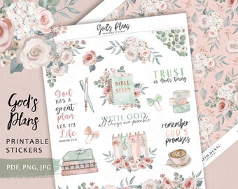 Christian Printable Stickers | Bible Journaling God's Plans Stickers Inspirational Quotes | Pastel Flowers Journal , Devotion Journal