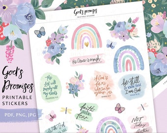Faith Printable Stickers: Rainbow Floral Bible Journal, Christian Quotes (PDF, JPG)