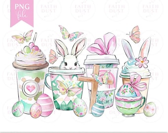 Easter Coffee Cups Png Sublimation Design | Spring Pastel Bunnies Eggs Butterflies | Tote png, T Shirt Sublimation design, Mug Design