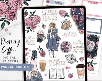 Cyfrowe naklejki Christian Coffee: Planer dziennika biblijnego (PNG i GoodNotes)