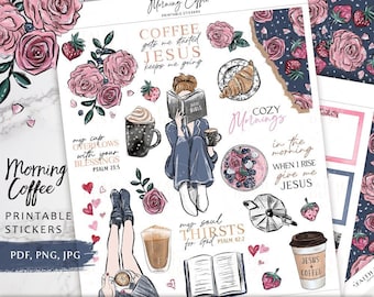 Printable Coffee Bible Journaling Stickers: Christian Planner Decals (PDF, JPG)