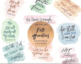 Faith Affirmations Stickers: Watercolor Hand drawn Bible Verse Planner Decals (Digital Download, PNG)