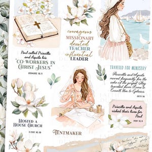 Pode incluir: Um conjunto de adesivos digitais para planejadores que apresentam uma mulher com um vestido branco em um fundo floral. Os adesivos incluem citações sobre fé, liderança e ministério. O texto nos adesivos inclui "Co-workers in Christ Jesus", "Tentmaker", "Traveled for Ministry", "Hosted a House Church" e "Courageous Missionary, Devoted Teacher, Influential Leader".