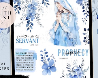 Mother Mary Digital Stickers: Christian Planner, Blue Floral (GoodNotes, PNG Files)