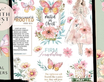 Christian Planner Stickers: Rooted & Flourishing, Bible Quotes (GoodNotes, PNG Digital Download)