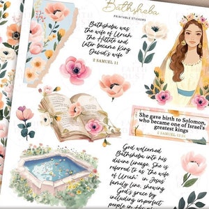 May include: Printable stickers featuring watercolor illustrations of flowers, a book, a pool of water, and a woman with a crown of flowers. The stickers also include text about Bathsheba, a biblical figure, and her story. The text includes Bible verses from 2 Samuel 11 and 12:24.