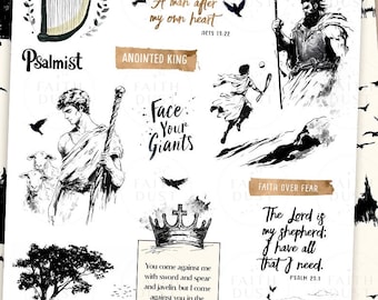 King David Printable Bible Journaling Stickers: Men of the Bible, Devotion, Faith, Christian Study (PDF,JPG)