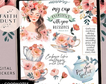 Christian Digital Stickers: Bible Study, Tea Cups, Floral, Devotion (GoodNotes, PNG)
