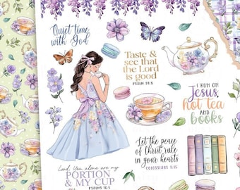 Printable Teatime Christian Stickers: Bible Journaling, Spring Flowers, Faith Study (PDF, JPG)