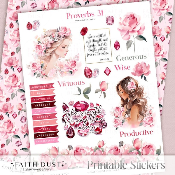 Proverbs 31 Printable Stickers | Bible Journaling Stickers | Virtuous woman, rubies, flowers | Women of the bible | Printable Faith Stickers