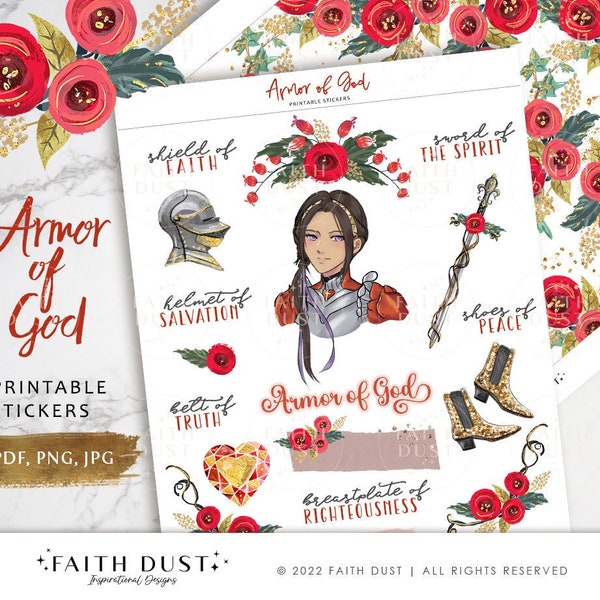 Armor of God Printable Stickers | Bible Journaling Christian Stickers Inspirational Quotes | Warrior Flowers, Bible Study, Devotion Journal