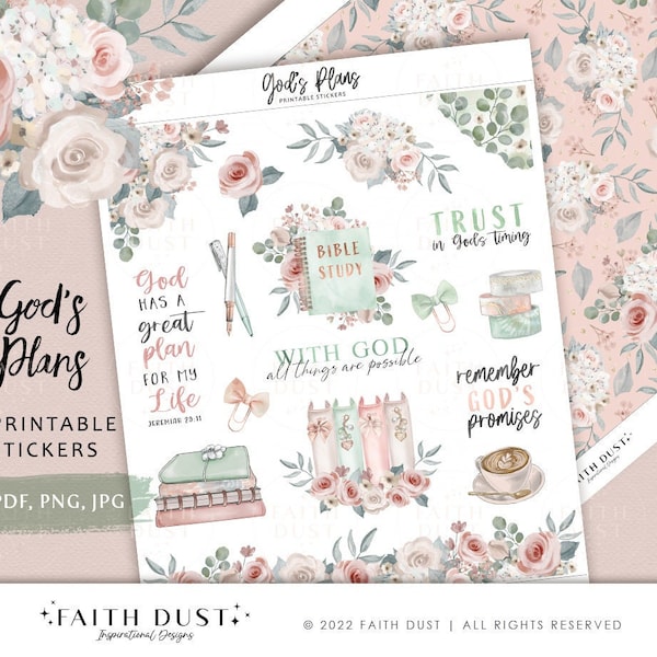 Christian Printable Stickers | Bible Journaling God's Plans Stickers Inspirational Quotes | Pastel Flowers Journal , Devotion Journal