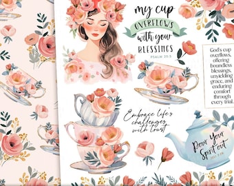 Floral Tea Cup Printable Bible Journaling Stickers: Christian Printable, Faith Planning, Devotion (PDF, JPG)