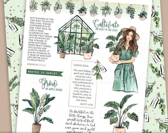 Christian Printable Stickers: Spiritual Growth, Lush Plants, Bible Journal, Faith Study (PDF,JPG)