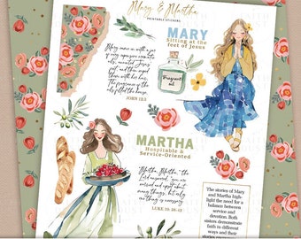 Mary & Martha Printable Stickers: Bible Journaling, Christian Study, Women of the Bible (PDF,JPG)