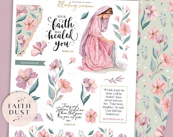 The Bleeding Woman Printable Journaling Stickers: Healing, Bible Study, Christian, Watercolor Flowers, Faith Journal (PDF,JPG)