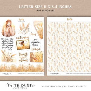 May include: Printable sticker sheet with a watercolor illustration of a woman praying in a field of wheat. The sheet includes various inspirational quotes and phrases, such as "hard working", "loyal", "great grandmother of kings", "faithful", and "trust in God's plans". The sheet also includes a repeating pattern of wheat stalks.