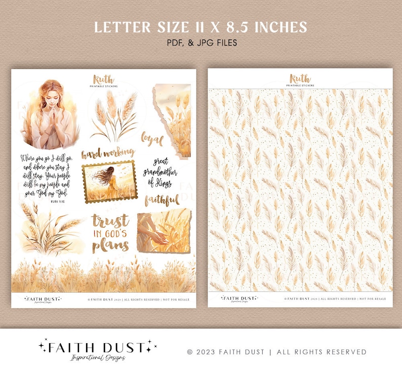 May include: Printable sticker sheet with a watercolor illustration of a woman praying in a field of wheat. The sheet includes various inspirational quotes and phrases, such as "hard working", "loyal", "great grandmother of kings", "faithful", and "trust in God's plans". The sheet also includes a repeating pattern of wheat stalks.